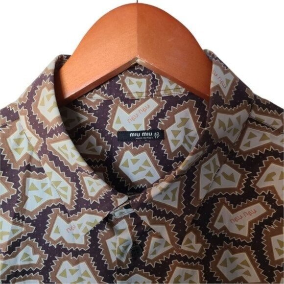 Miu Miu Mens Casual Button Down Shirt Graphic Print Logo All Over Green Brown - Picture 5 of 16